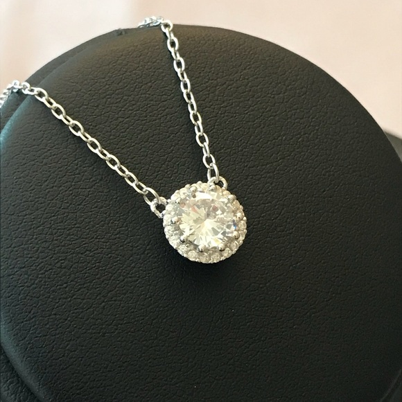 Sterling Silver Cz Halo Solitaire Necklace - Picture 5 of 8